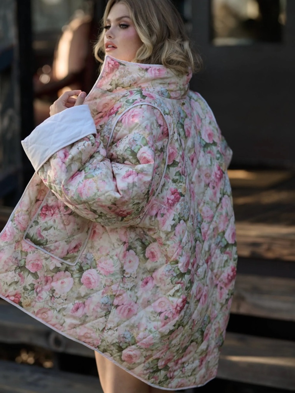 Selkie Floral Quilted Puffer Jacket in Pink and Cream - Picture 8 of 9
